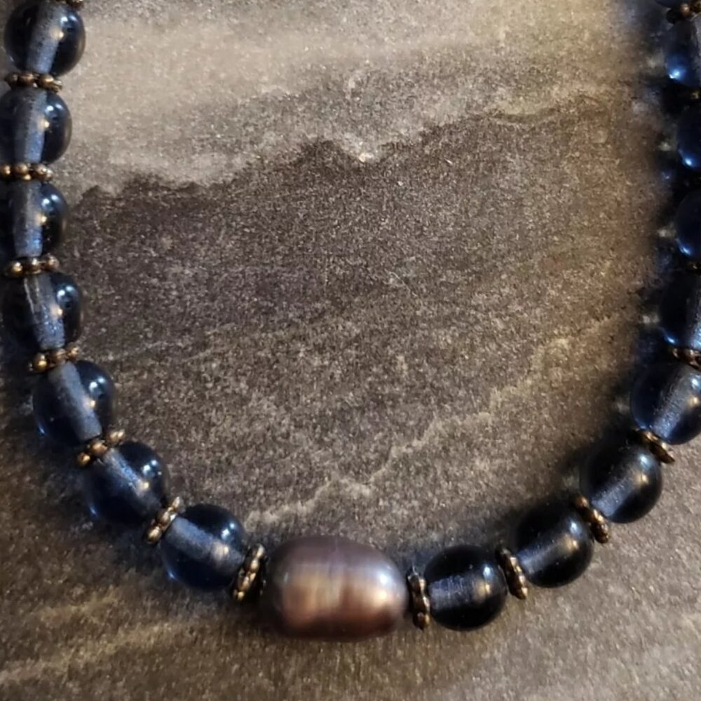 Freshwater Pearl Blue Glass Lobster Claw Bracelet 8" Costume Fashion Jewelry